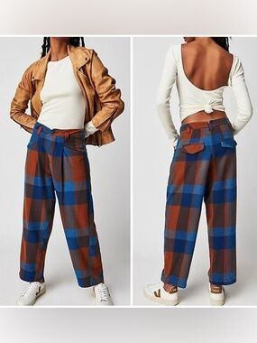Free People Cass Slouchy gingham plaid Trousers in Indigo Combo size 10